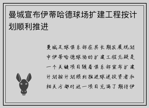 曼城宣布伊蒂哈德球场扩建工程按计划顺利推进 曼城宣布伊蒂哈德球场扩建工程按计划顺利推进