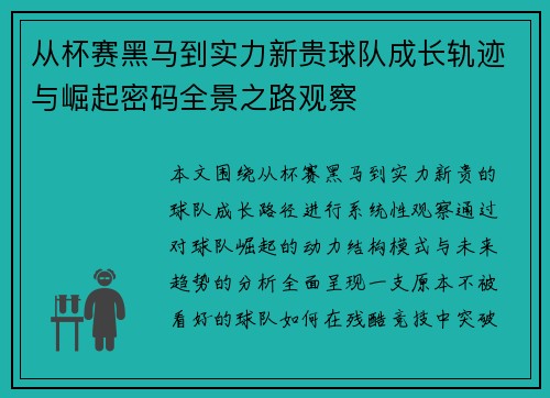从杯赛黑马到实力新贵球队成长轨迹与崛起密码全景之路观察